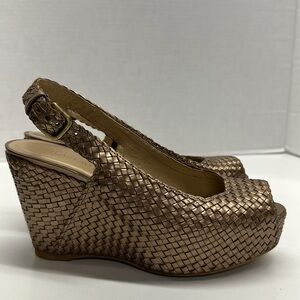 Stuart Weitzman Heels Wedges Woven Leather Platform Peep Toe Metallic Size 7